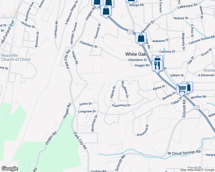 map of restaurants, bars, coffee shops, grocery stores, and more near 413 Hollywood Drive in Rossville