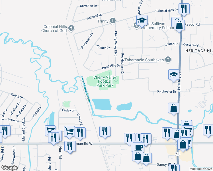 map of restaurants, bars, coffee shops, grocery stores, and more near 7526 Cherry Valley Boulevard in Southaven