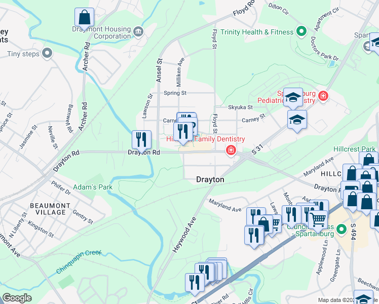 map of restaurants, bars, coffee shops, grocery stores, and more near 1802 Drayton Road in Spartanburg