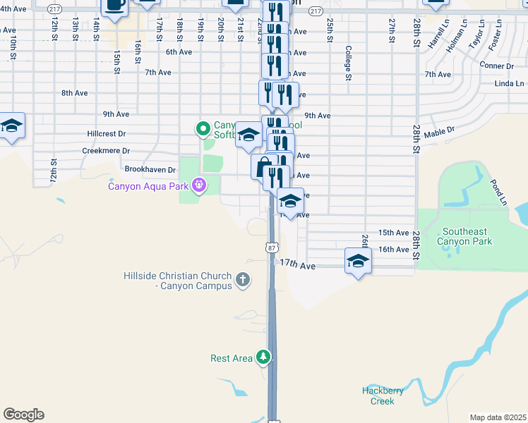 map of restaurants, bars, coffee shops, grocery stores, and more near 1310 23rd Street in Canyon