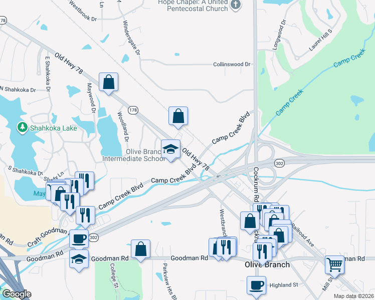 map of restaurants, bars, coffee shops, grocery stores, and more near 8624 Old Highway 78 in Olive Branch