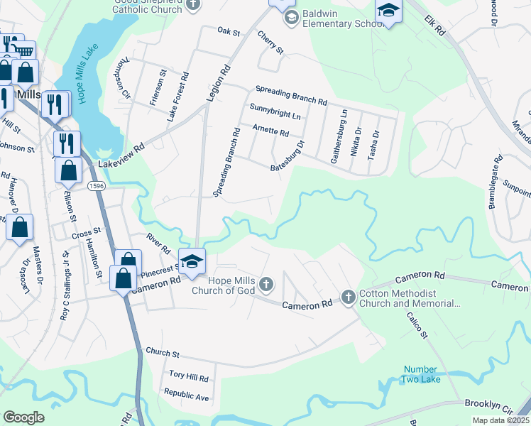 map of restaurants, bars, coffee shops, grocery stores, and more near 4312 Booker Place in Hope Mills