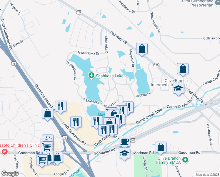 map of restaurants, bars, coffee shops, grocery stores, and more near 7522 East Shahkoka Drive in Olive Branch