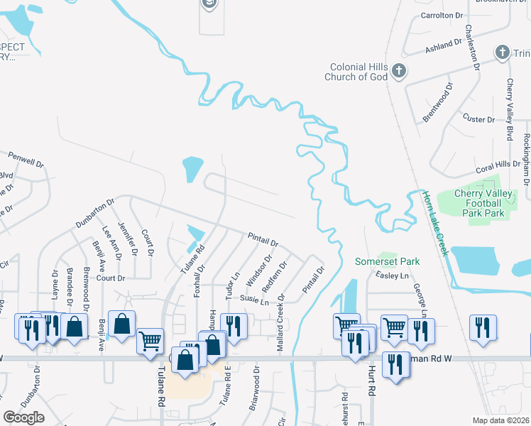 map of restaurants, bars, coffee shops, grocery stores, and more near 2941 Churchwell Drive in Horn Lake