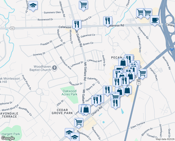map of restaurants, bars, coffee shops, grocery stores, and more near 1334 Oakwood Circle in Rock Hill