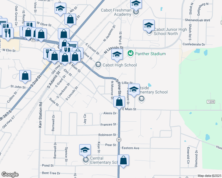 map of restaurants, bars, coffee shops, grocery stores, and more near 206 North Monroe Street in Cabot