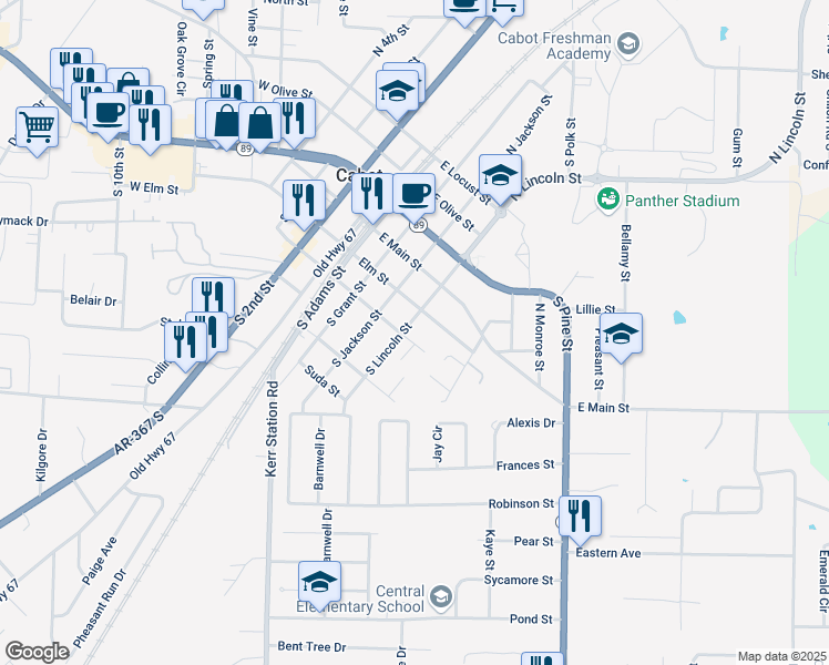 map of restaurants, bars, coffee shops, grocery stores, and more near 503 East Myrtle Street in Cabot