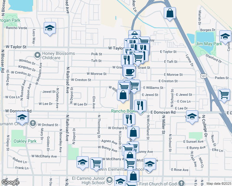 map of restaurants, bars, coffee shops, grocery stores, and more near 202 West Williams Street in Santa Maria
