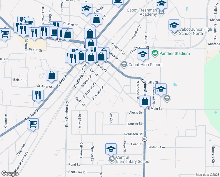 map of restaurants, bars, coffee shops, grocery stores, and more near 519 East Elm Street in Cabot
