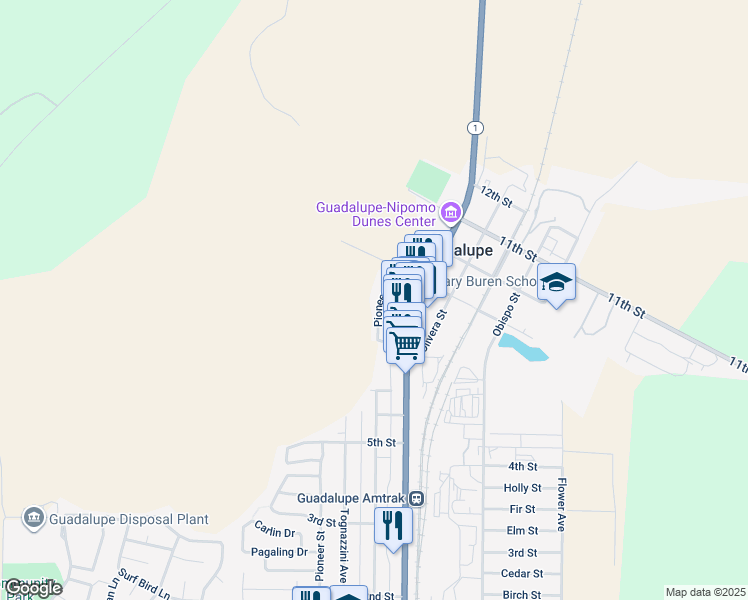 map of restaurants, bars, coffee shops, grocery stores, and more near 856 Pioneer Street in Guadalupe