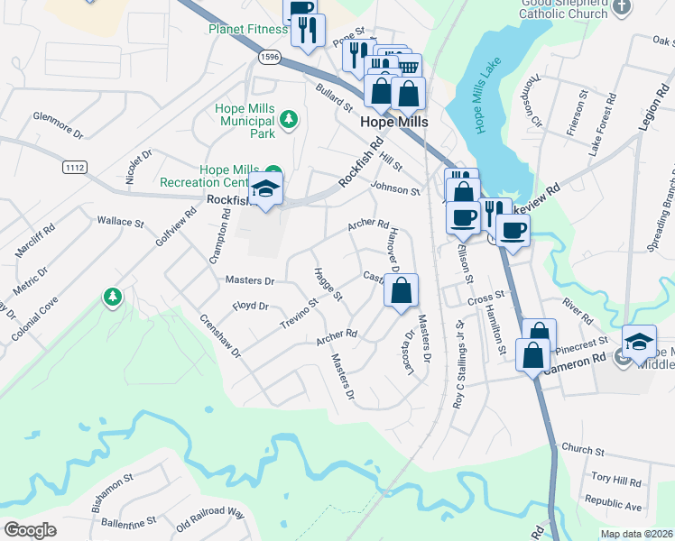 map of restaurants, bars, coffee shops, grocery stores, and more near 3709-3711 Hagge Street in Hope Mills