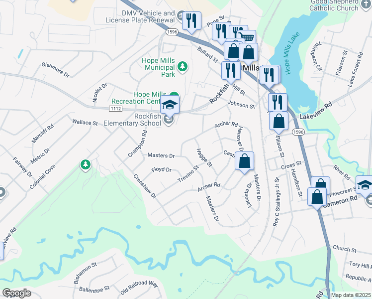 map of restaurants, bars, coffee shops, grocery stores, and more near 3708 Masters Drive in Hope Mills