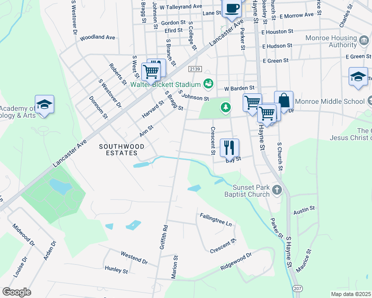map of restaurants, bars, coffee shops, grocery stores, and more near 1111 Griffith Road in Monroe