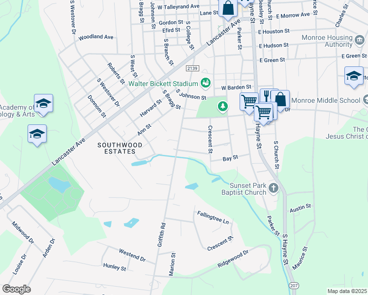 map of restaurants, bars, coffee shops, grocery stores, and more near 1111 Griffith Road in Monroe