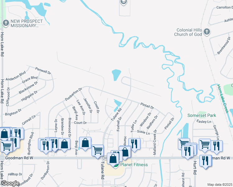 map of restaurants, bars, coffee shops, grocery stores, and more near 7420 Dunbarton Drive in Horn Lake