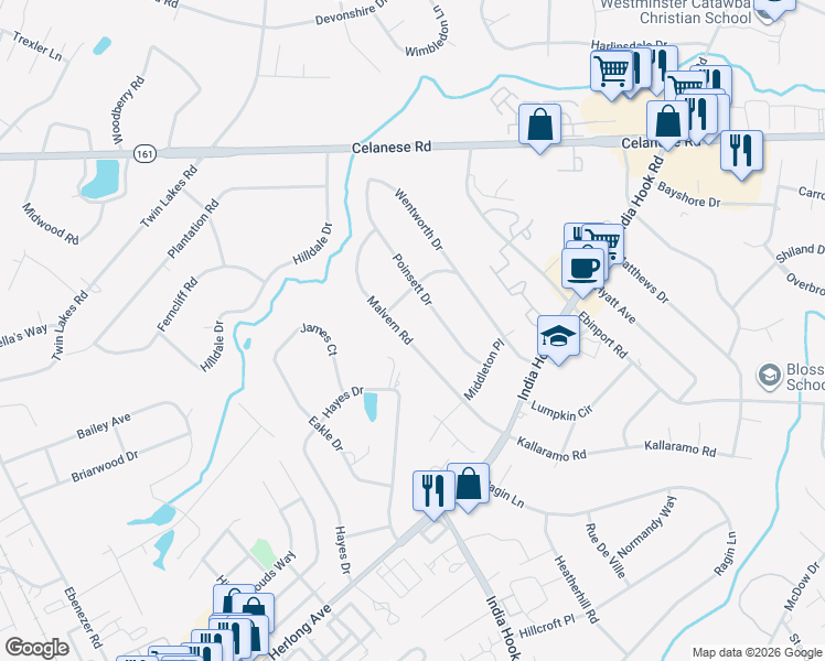 map of restaurants, bars, coffee shops, grocery stores, and more near 2066 Malvern Road in Rock Hill