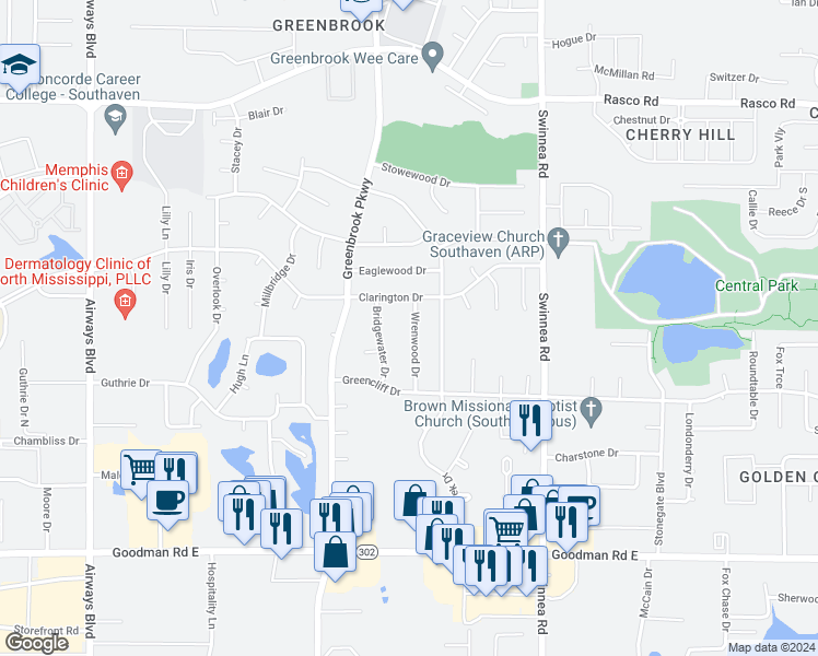 map of restaurants, bars, coffee shops, grocery stores, and more near 7501 Wrenwood Drive in Southaven