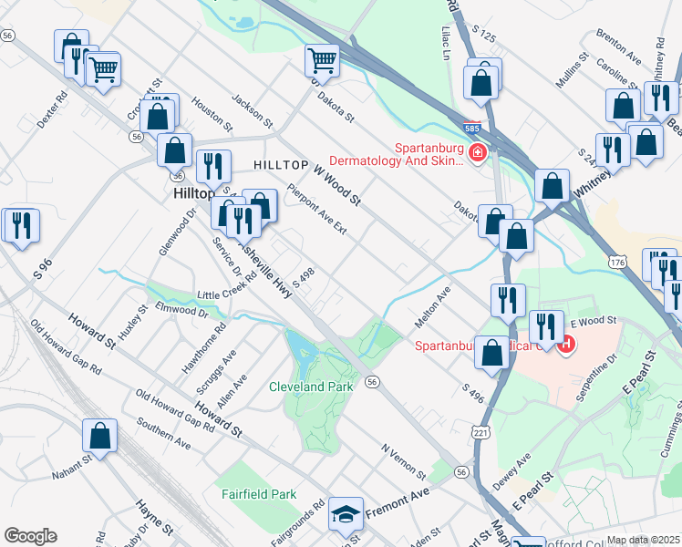 map of restaurants, bars, coffee shops, grocery stores, and more near 420 West Centennial Street in Spartanburg