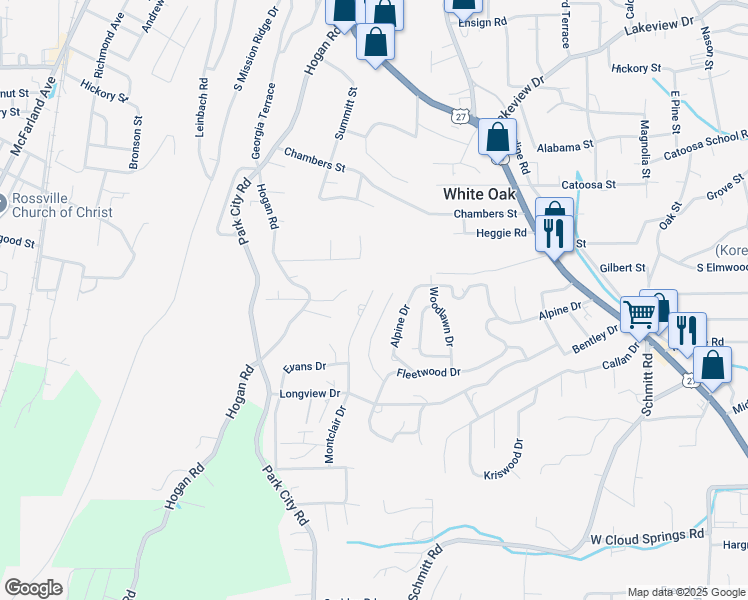 map of restaurants, bars, coffee shops, grocery stores, and more near 413 Hollywood Drive in Rossville