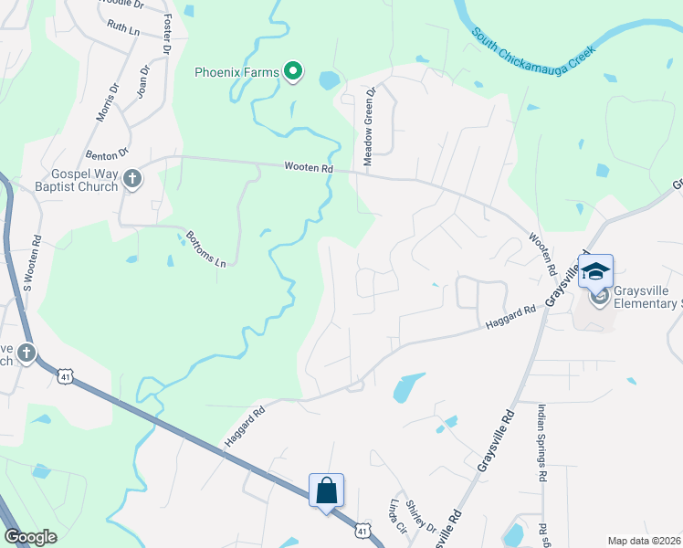map of restaurants, bars, coffee shops, grocery stores, and more near 20 Simpson Lane in Ringgold