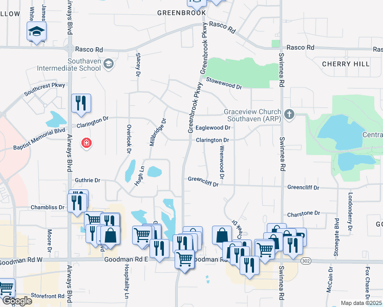 map of restaurants, bars, coffee shops, grocery stores, and more near 7506 Greenbrook Parkway in Southaven