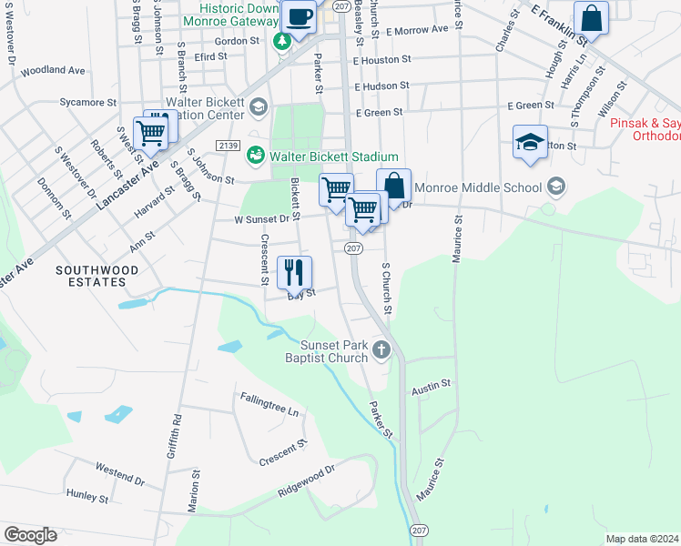map of restaurants, bars, coffee shops, grocery stores, and more near 126 Bay Street in Monroe
