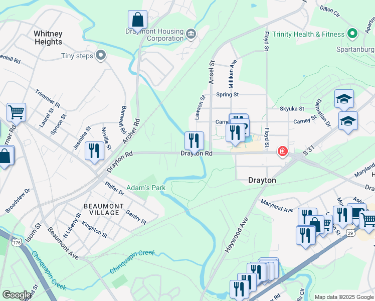 map of restaurants, bars, coffee shops, grocery stores, and more near in Drayton