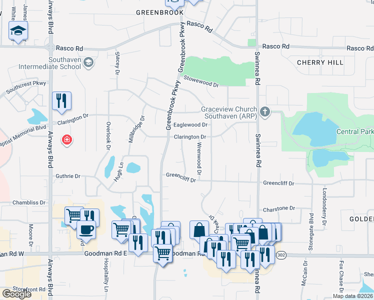 map of restaurants, bars, coffee shops, grocery stores, and more near 7471 Wrenwood Drive in Southaven