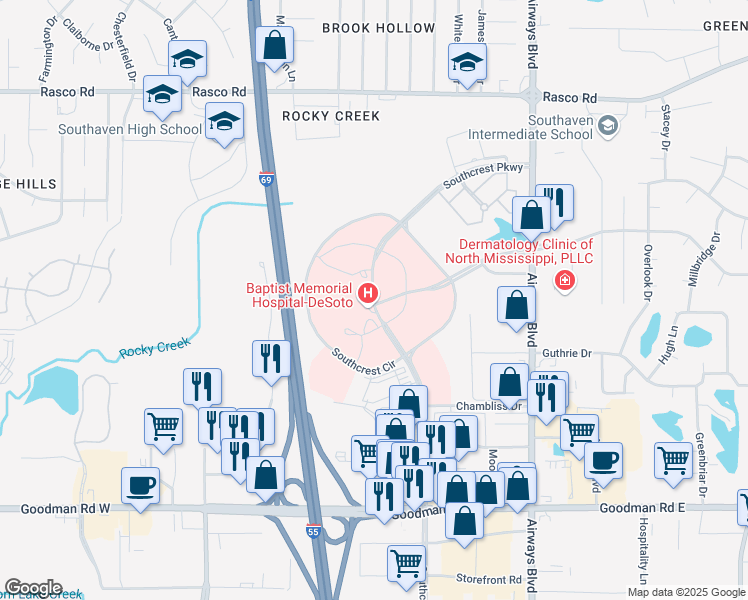 map of restaurants, bars, coffee shops, grocery stores, and more near 7601 Southcrest Parkway in Southaven