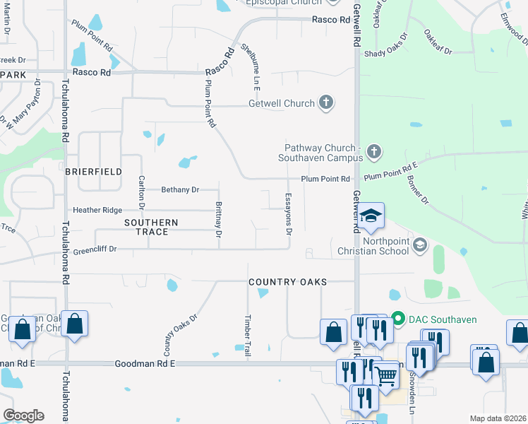 map of restaurants, bars, coffee shops, grocery stores, and more near 2687 Sapper Lane in Southaven