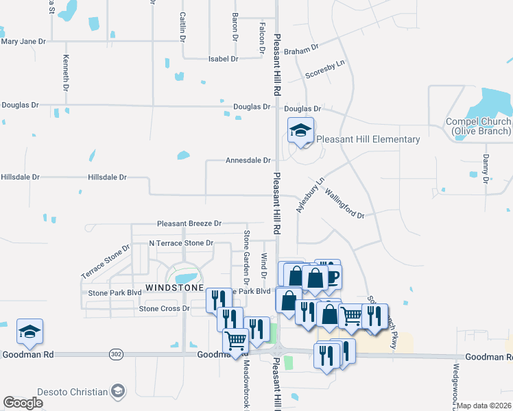 map of restaurants, bars, coffee shops, grocery stores, and more near 4927 Hillsdale Drive in Olive Branch