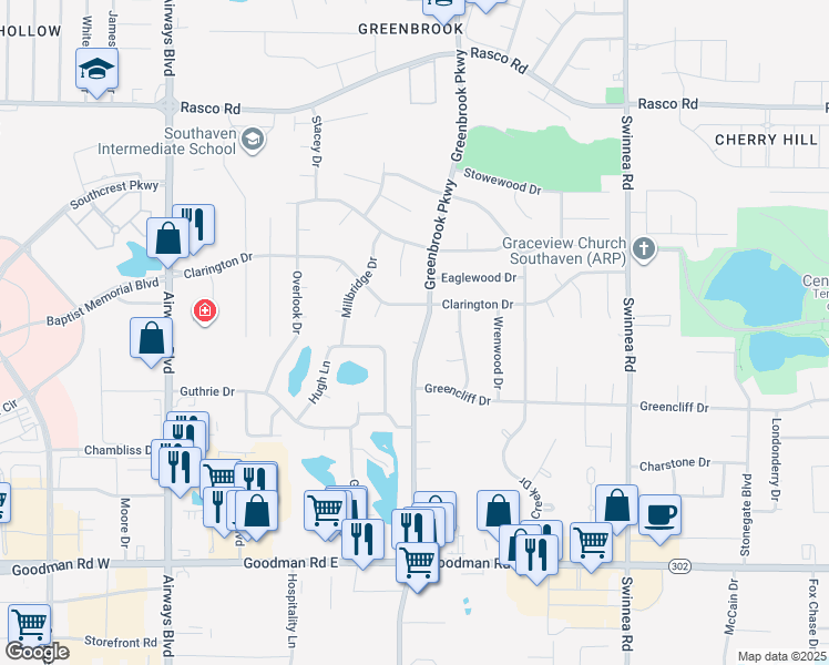 map of restaurants, bars, coffee shops, grocery stores, and more near 7457 Greenbrook Parkway in Southaven