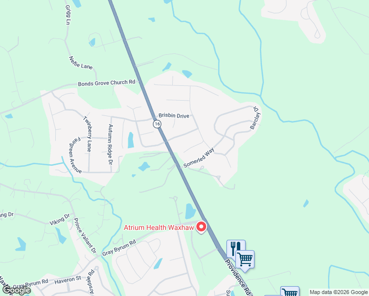 map of restaurants, bars, coffee shops, grocery stores, and more near 8132 Madrigal Court in Waxhaw