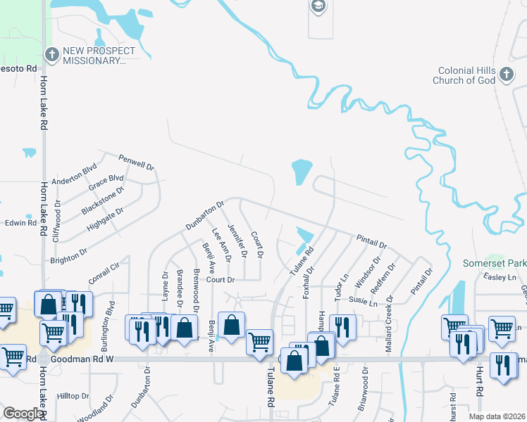 map of restaurants, bars, coffee shops, grocery stores, and more near 7392 Dunbarton Drive in Horn Lake