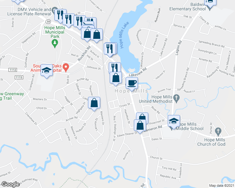 map of restaurants, bars, coffee shops, grocery stores, and more near 3808 Deberry Street in Hope Mills