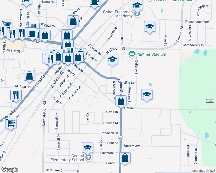 map of restaurants, bars, coffee shops, grocery stores, and more near 112 Walnut Street in Cabot