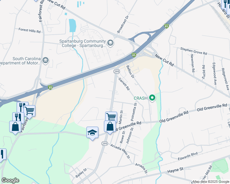 map of restaurants, bars, coffee shops, grocery stores, and more near 723 Spring Street in Spartanburg