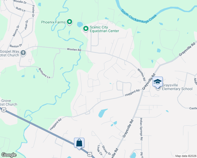 map of restaurants, bars, coffee shops, grocery stores, and more near 601 Sherwood Forest Drive in Ringgold