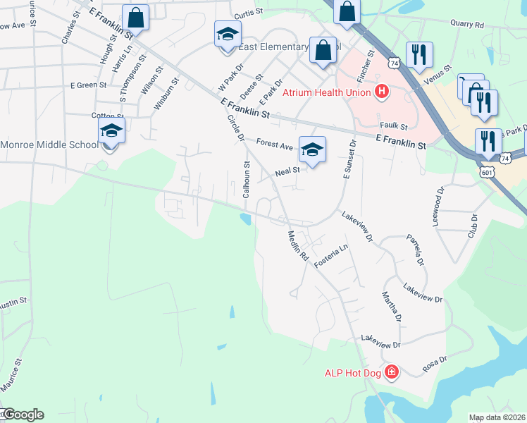 map of restaurants, bars, coffee shops, grocery stores, and more near 1217 East Sunset Drive in Monroe