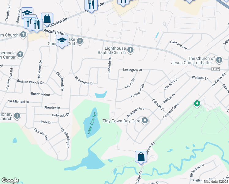 map of restaurants, bars, coffee shops, grocery stores, and more near 6102 Lexington Drive in Hope Mills