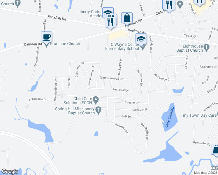 map of restaurants, bars, coffee shops, grocery stores, and more near 6321 Rustic Ridge in Hope Mills