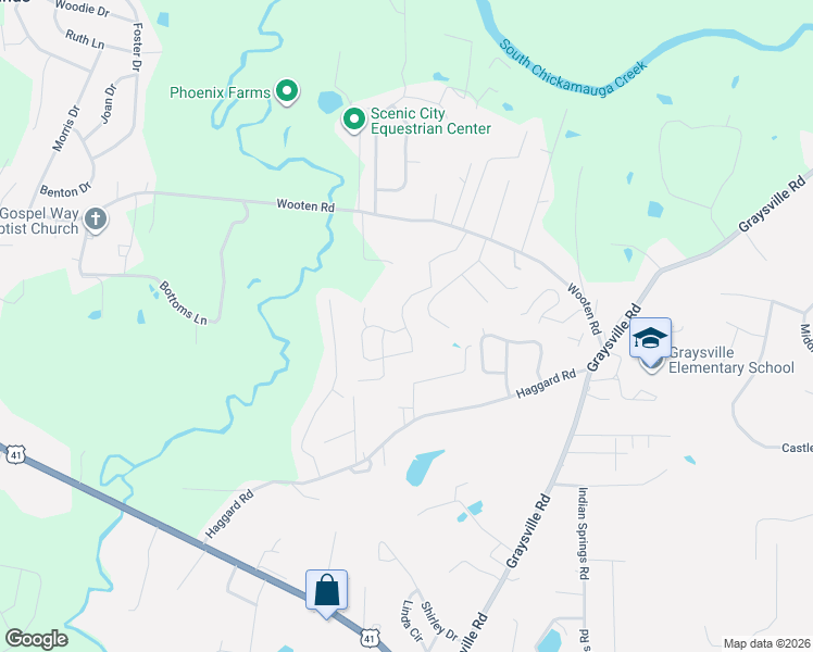map of restaurants, bars, coffee shops, grocery stores, and more near 601 Sherwood Forest Drive in Ringgold
