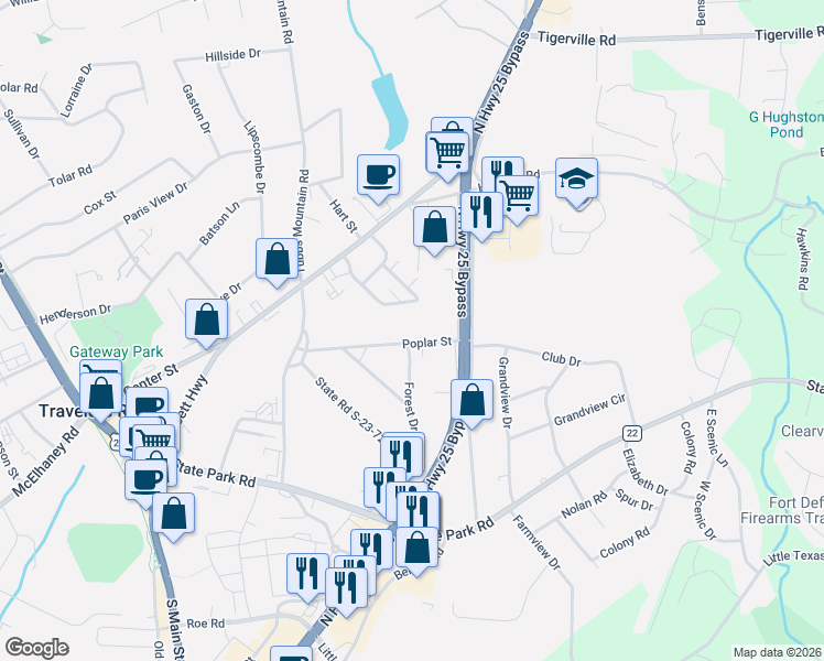 map of restaurants, bars, coffee shops, grocery stores, and more near 304 Poplar Street in Travelers Rest