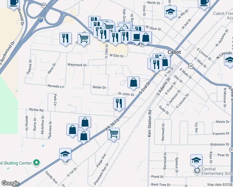 map of restaurants, bars, coffee shops, grocery stores, and more near Saint John Street in Cabot