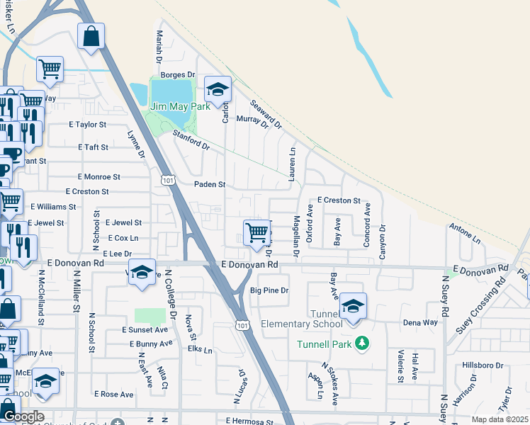 map of restaurants, bars, coffee shops, grocery stores, and more near 1703 La Salle Drive in Santa Maria