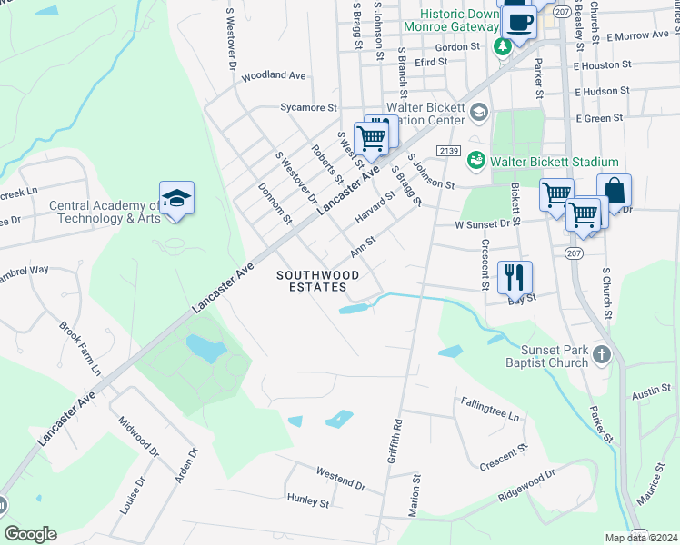 map of restaurants, bars, coffee shops, grocery stores, and more near 1101 Lakewood Drive in Monroe