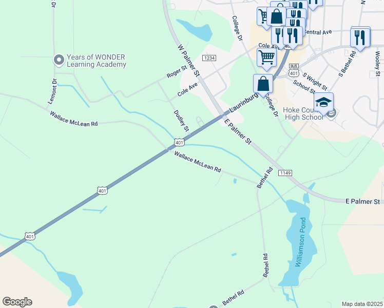 map of restaurants, bars, coffee shops, grocery stores, and more near 383-473 Wallace McLean Road in Raeford