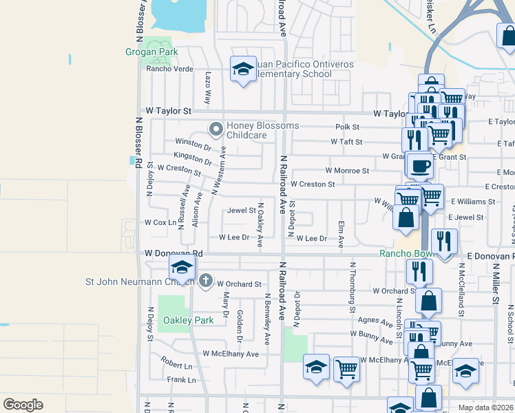 map of restaurants, bars, coffee shops, grocery stores, and more near 1646 North Oakley Avenue in Santa Maria