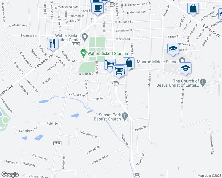 map of restaurants, bars, coffee shops, grocery stores, and more near 1015 Parker Street in Monroe