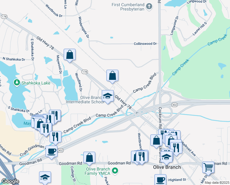 map of restaurants, bars, coffee shops, grocery stores, and more near 8610 Mississippi 178 in Olive Branch